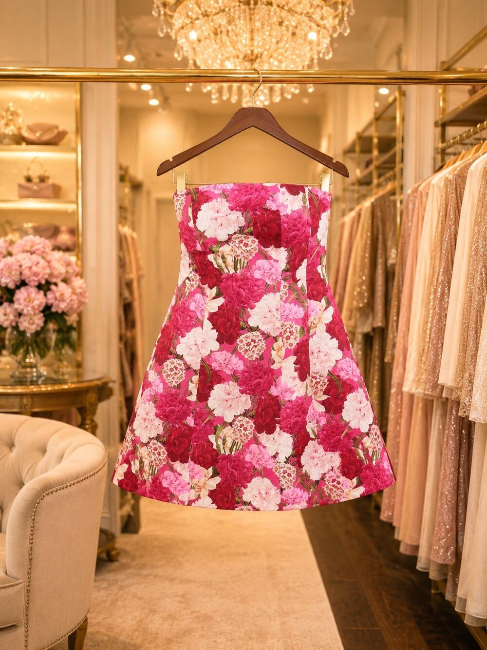 Sachin & Babi Alanna Pink Floral Strapless Fit Flare Mini Dress Lined Cocktail
